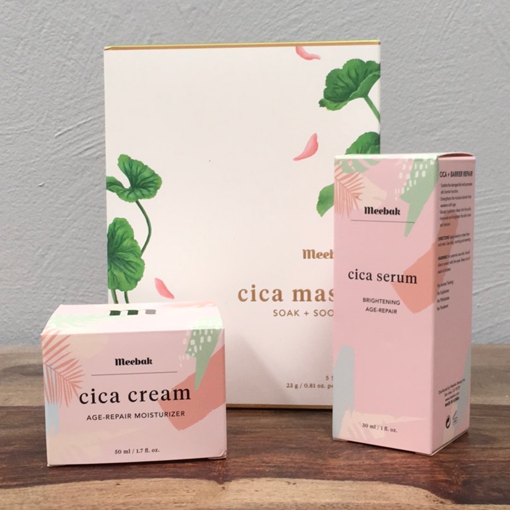 Meebak Cica Cream, Serum and Masks. Full size.
